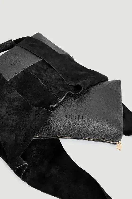 Leather-Based Double Suede Bag - Black - Gusto