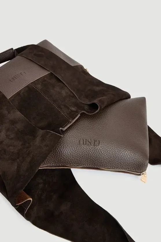 Leather-Based Double Suede Bag - Brown - Gusto