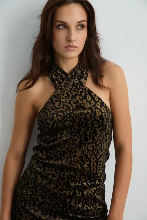 Leopard-Patterned Velvet Cross-Strap Blouse - Black - Gusto