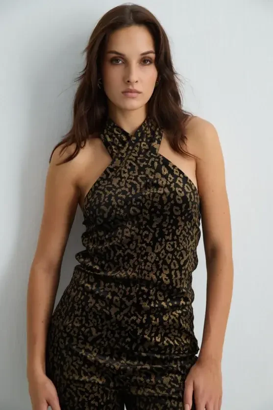 Leopard-Patterned Velvet Cross-Strap Blouse - Black - 1