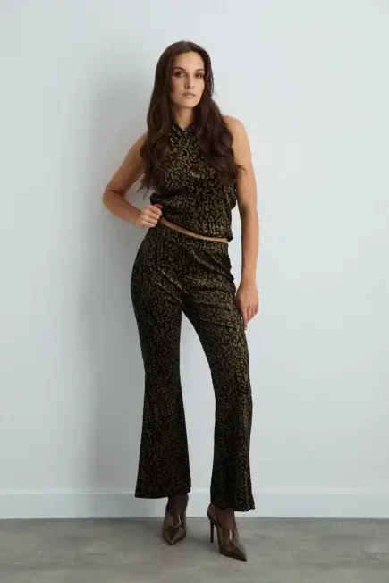 Leopard-Patterned Velvet Flared Pants - Black Black