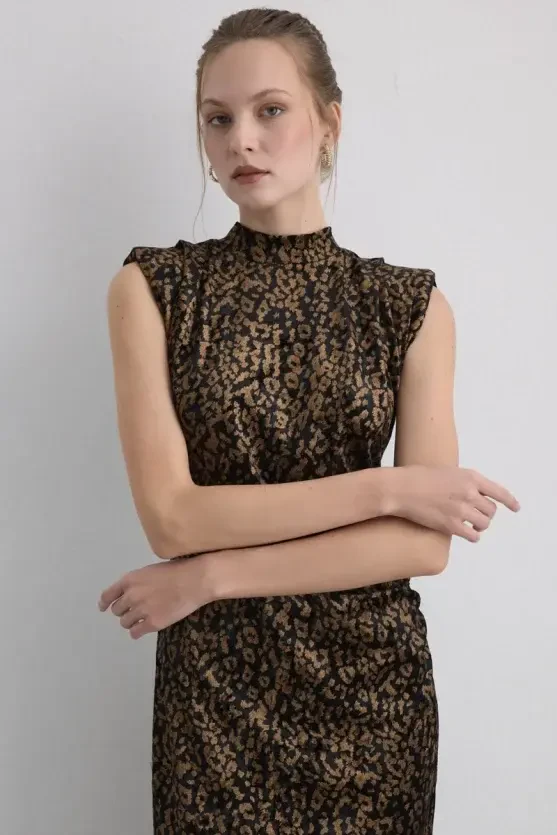 Leopard Print Long Velvet Dress - Black - 2