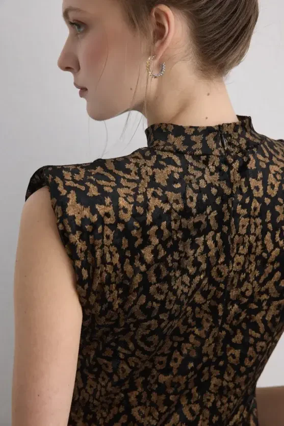 Leopard Print Long Velvet Dress - Black - 9