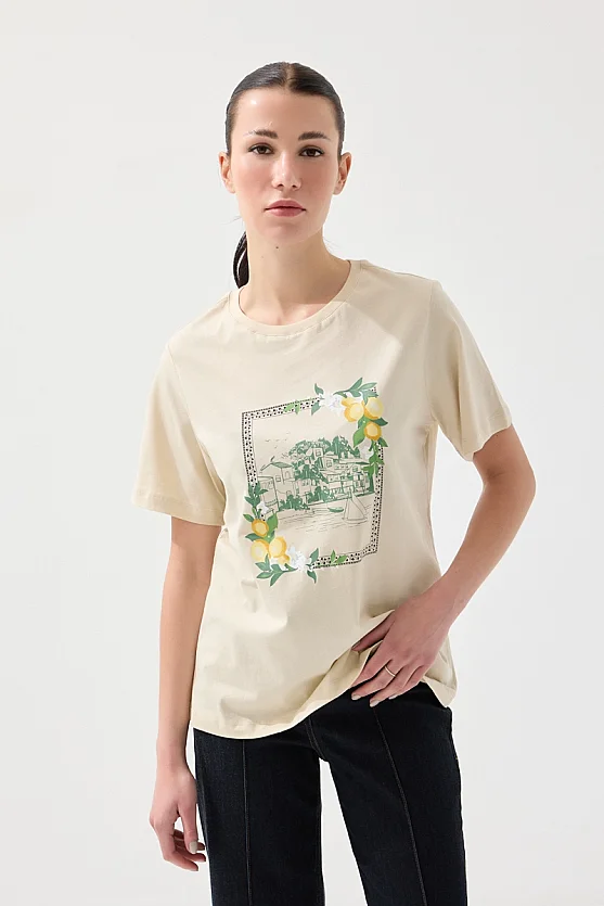 Limon Çerçeve Baskılı Pamuk T-shirt - Bej - 4