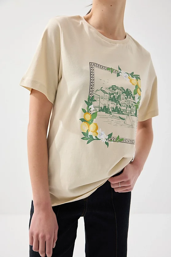 Limon Çerçeve Baskılı Pamuk T-shirt - Bej - Gusto