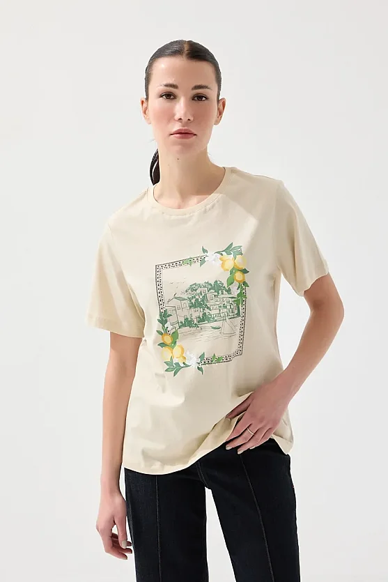Limon Çerçeve Baskılı Pamuk T-shirt - Bej - Gusto