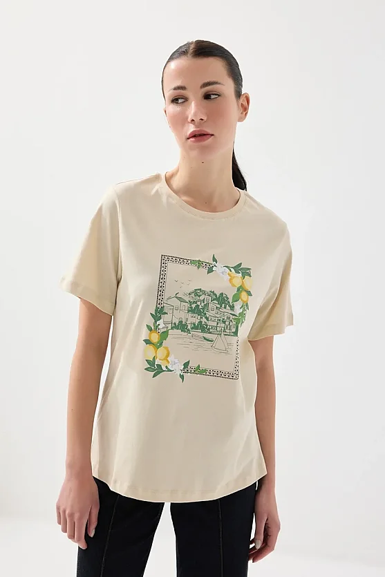 Limon Çerçeve Baskılı Pamuk Tshirt - Bej - Gusto