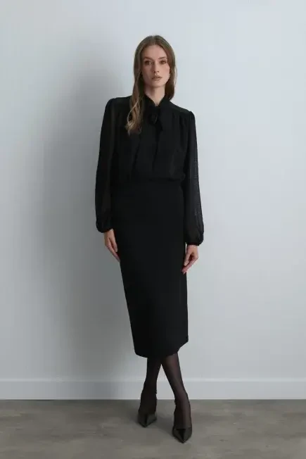 Long Crepe Jersey Skirt with Slit - Black Black