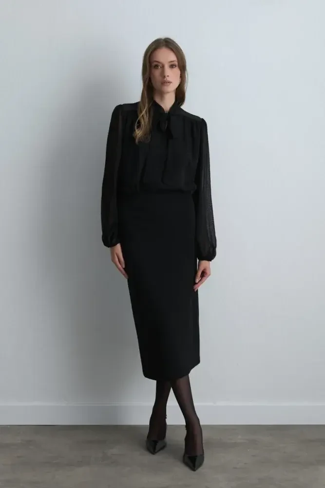 Long Crepe Jersey Skirt with Slit - Black Black