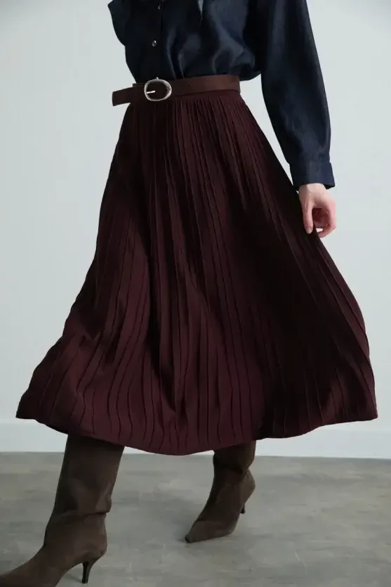 Long Knit Pleated Skirt - Brown - 2