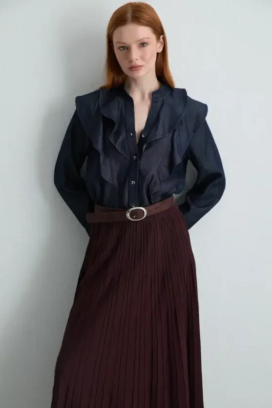 Long Knit Pleated Skirt - Brown - 3