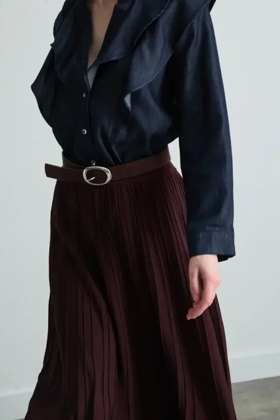 Long Knit Pleated Skirt - Brown - Gusto