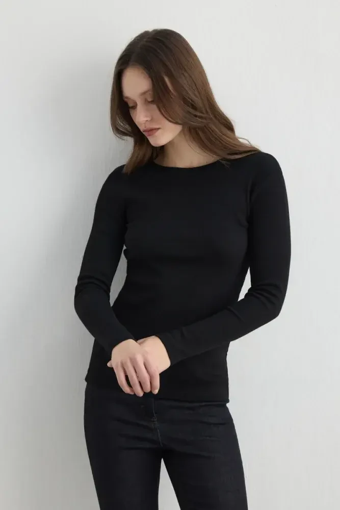 Long Sleeve Basic Cotton T-Shirt - Black Black