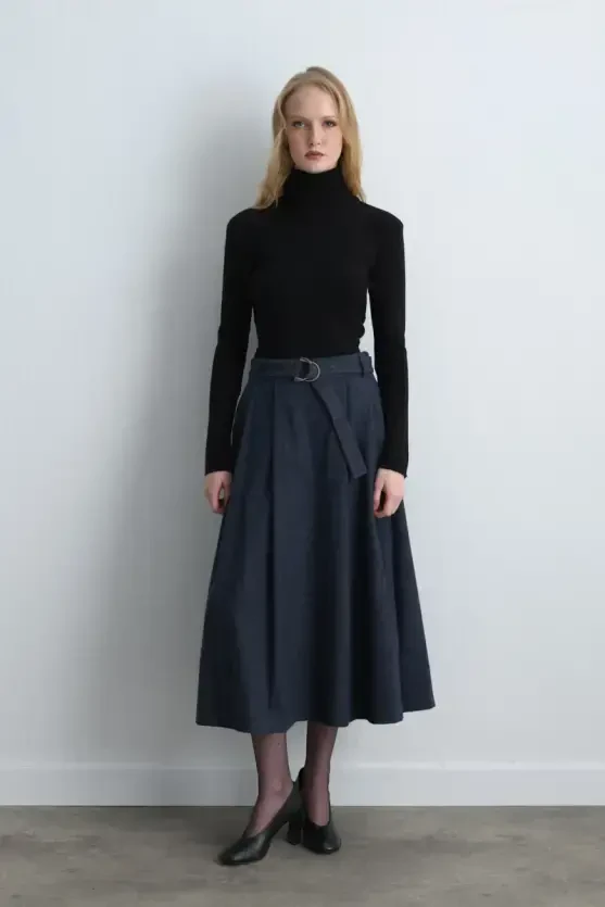 Long Wool Flared Skirt - Navy Blue - Gusto
