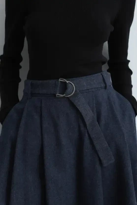 Long Wool Flared Skirt - Navy Blue - 5