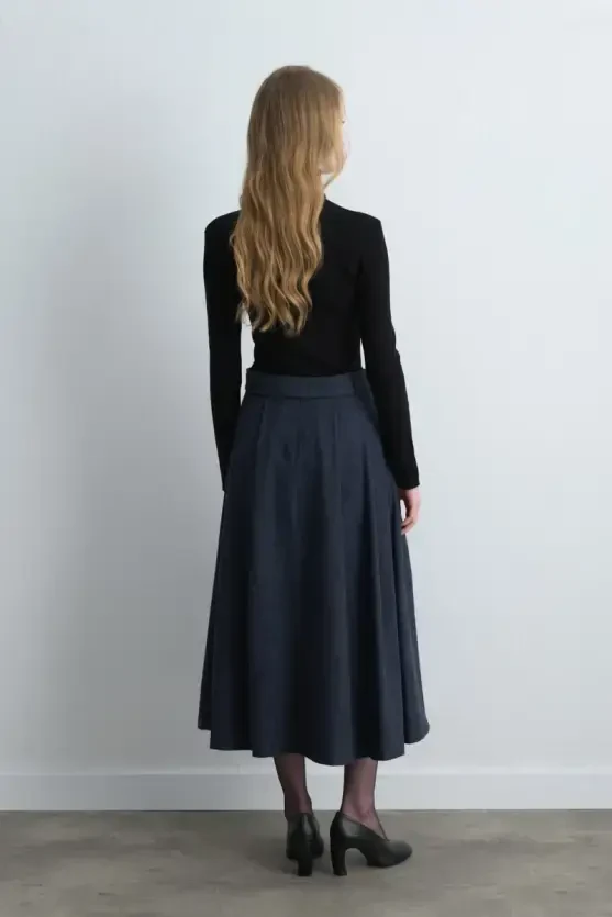 Long Wool Flared Skirt - Navy Blue - Gusto