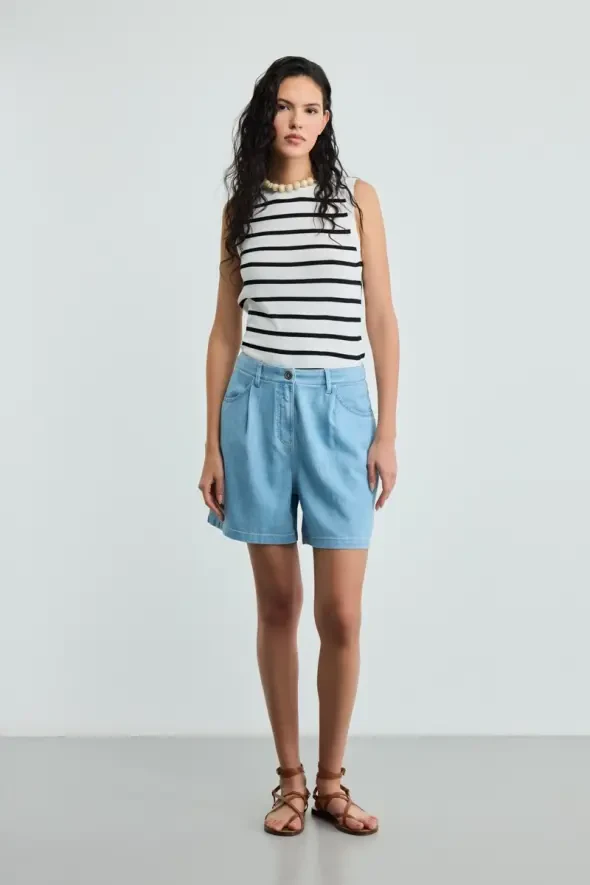 Tencel Denim Şort - Mavi - Gusto