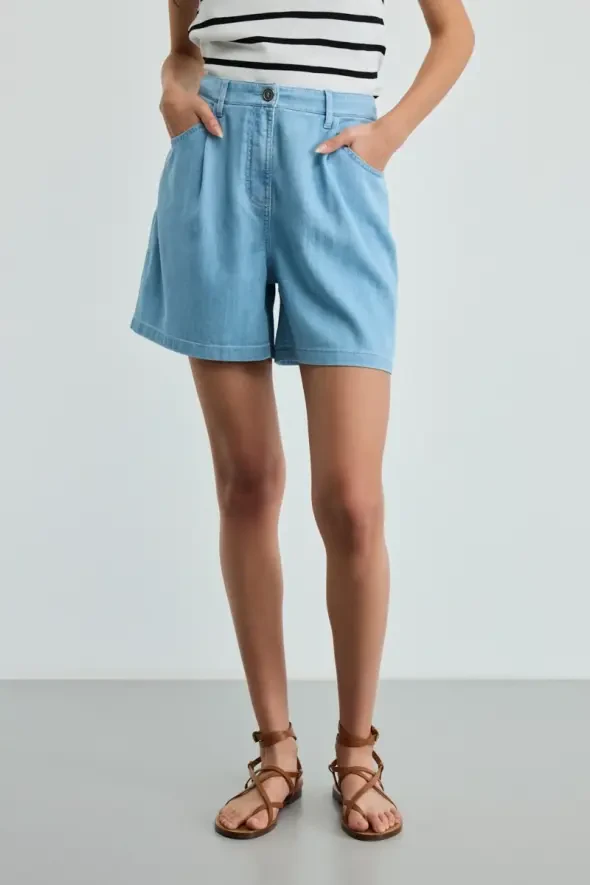 Lyocell Denim Şort - Mavi - 4
