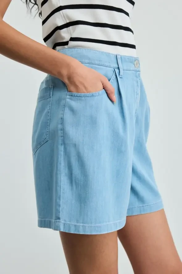 Lyocell Denim Şort - Mavi - 5