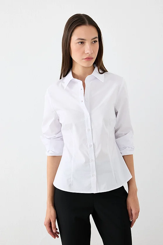 Manşeti Nakış Detaylı Slim Fit Koton Gömlek - Beyaz - Gusto