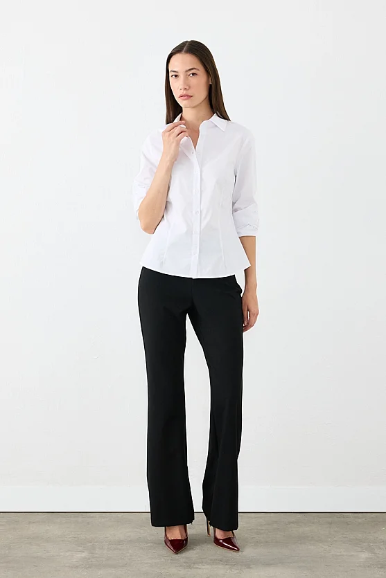 Manşeti Nakış Detaylı Slim Fit Koton Gömlek - Beyaz - Gusto