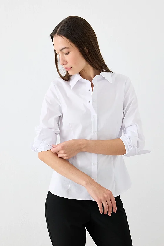 Manşeti Nakış Detaylı Slim Fit Koton Gömlek - Beyaz - 4