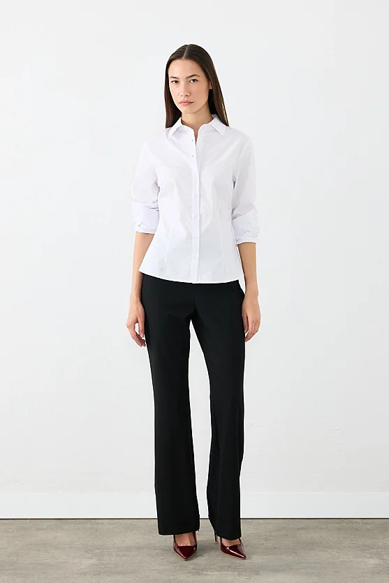 Manşeti Nakış Detaylı Slim Fit Koton Gömlek - Beyaz - Gusto