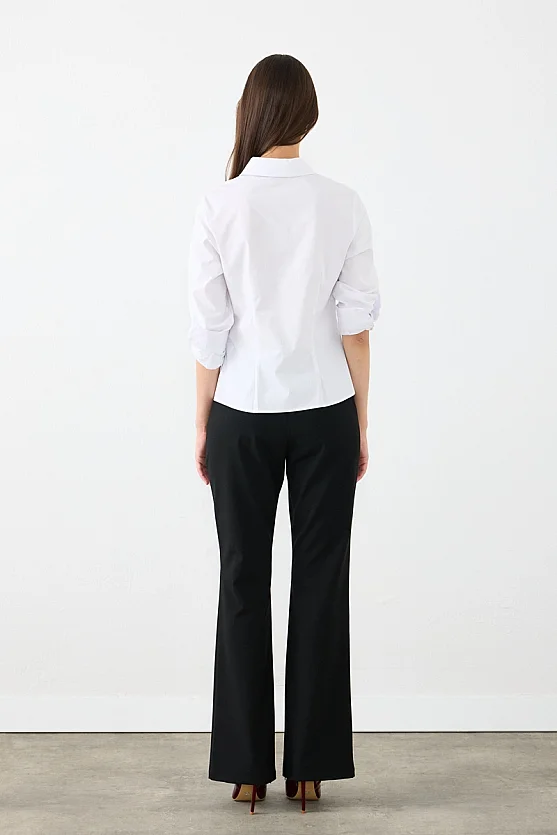 Manşeti Nakış Detaylı Slim Fit Koton Gömlek - Beyaz - Gusto