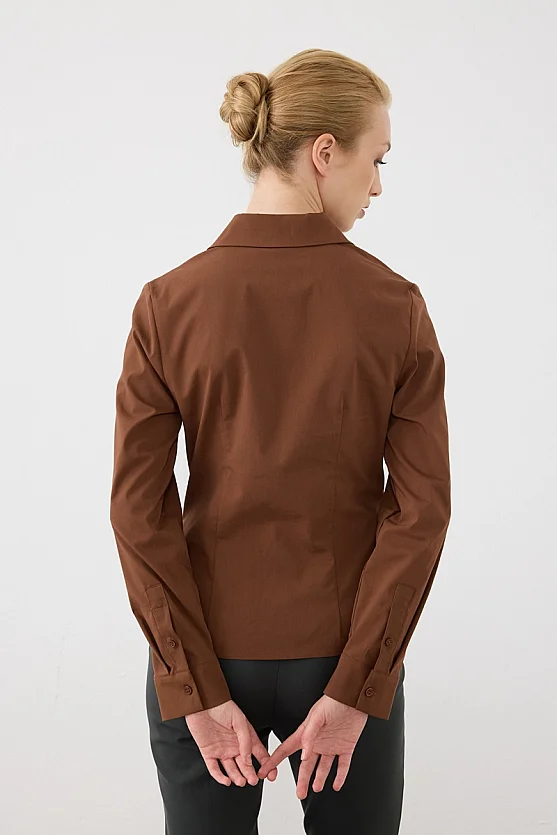 Manşeti Nakış Detaylı Slim Fit Koton Gömlek - Kahverengi - 8