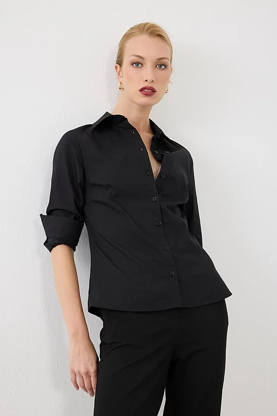 Manşeti Nakış Detaylı Slim Fit Koton Gömlek - Siyah - Gusto