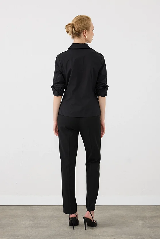 Manşeti Nakış Detaylı Slim Fit Koton Gömlek - Siyah - 6