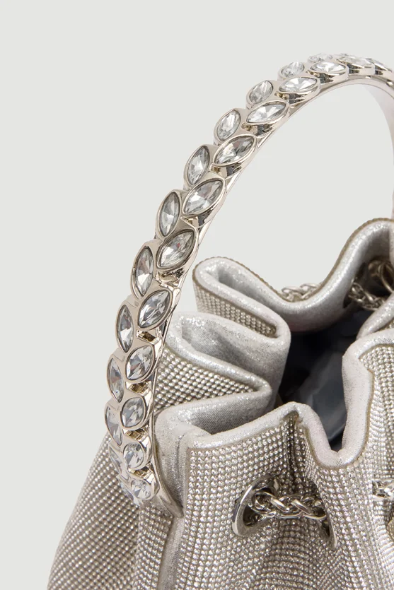 Metal Askılı Taş İşlemeli Abiye Çanta - Gümüş - Gusto