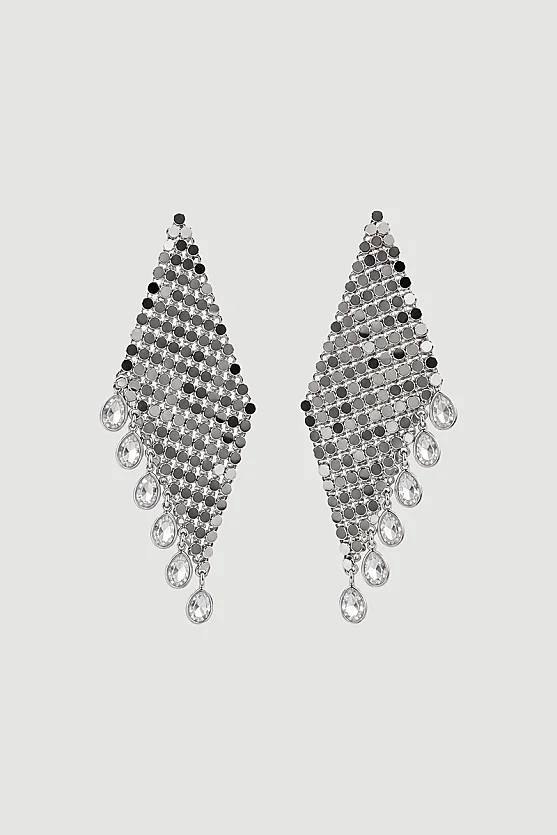 Metal Plakalı Taş Detaylı Sallantılı Küpe - Gümüş - 2