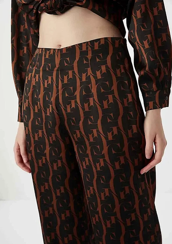 Monogram Saten Pantolon - Kahve - 4