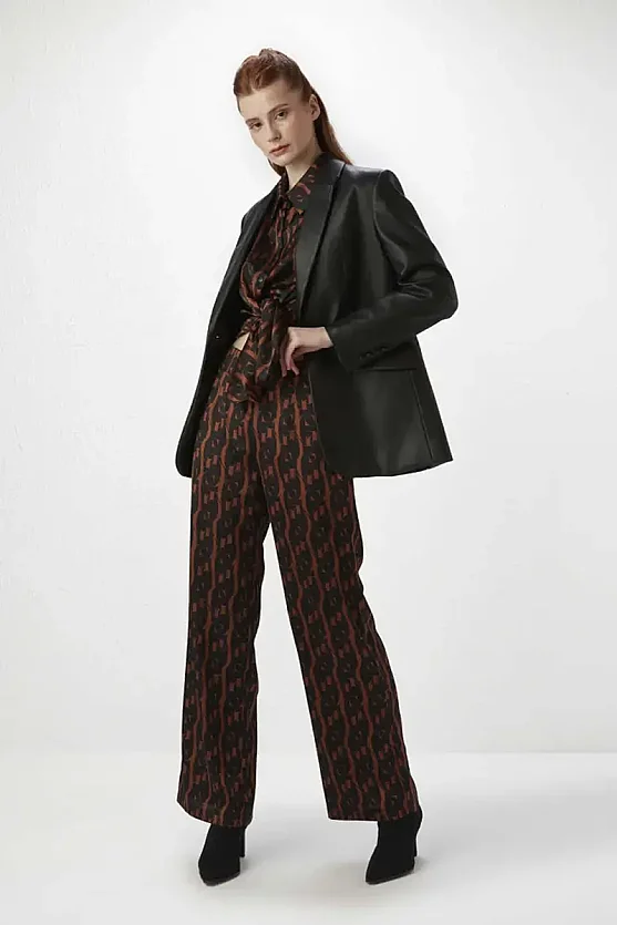 Monogram Saten Pantolon - Kahve - 1