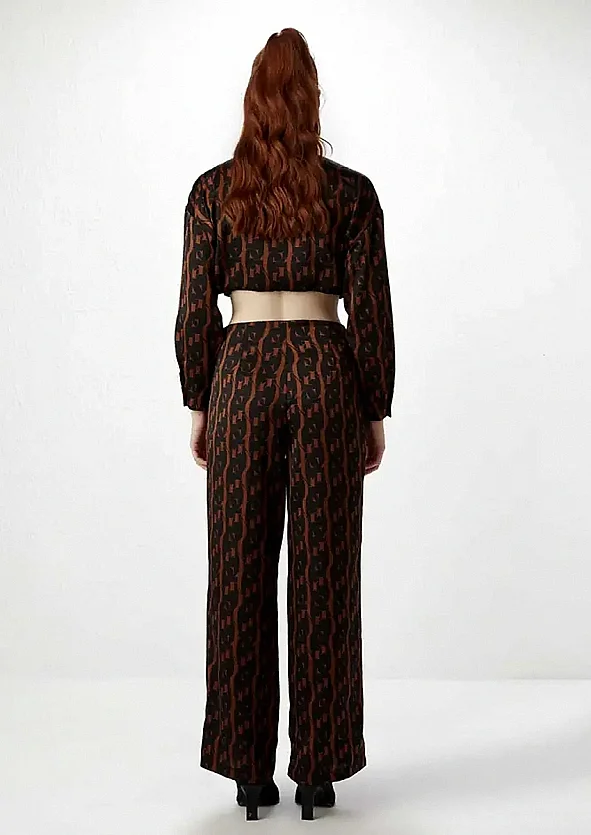 Monogram Saten Pantolon - Kahve - 5