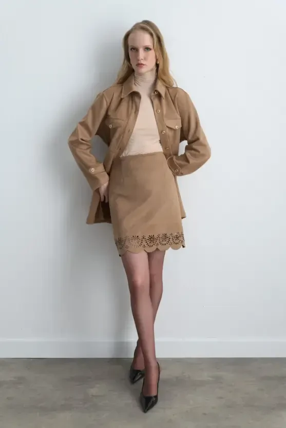 Motifed Suede Skirt - Camel - Gusto