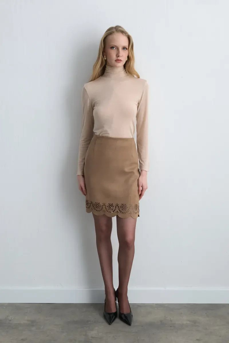 Motifed Suede Skirt - Camel - Gusto