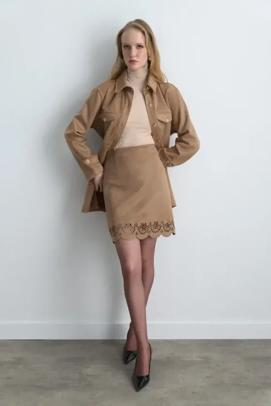 Motifed Suede Skirt - Camel - Gusto
