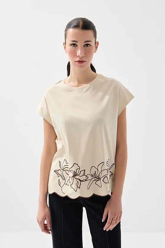 Nakışlı Düşük Kollu Pamuk T-shirt - Taş - Gusto