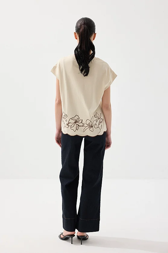 Nakışlı Düşük Kollu Pamuk T-shirt - Taş - 5