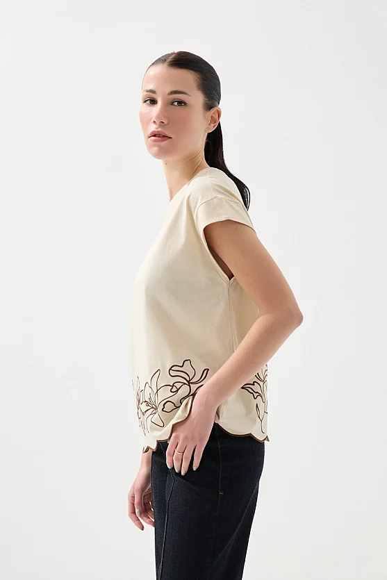 Nakışlı Düşük Kollu Pamuk T-shirt - Taş - Gusto