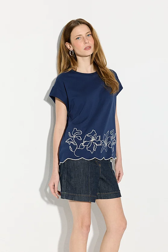 Nakışlı Düşük Kollu Pamuk Tshirt - Lacivert - Gusto