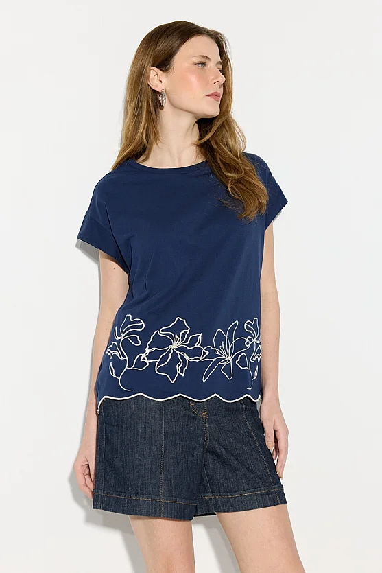 Nakışlı Düşük Kollu Pamuk Tshirt - Lacivert - Gusto