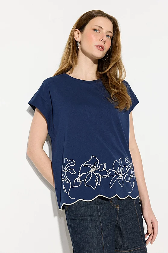Nakışlı Düşük Kollu Pamuk Tshirt - Lacivert - Gusto
