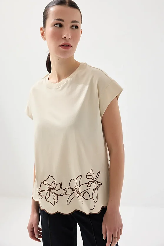 Nakışlı Düşük Kollu Pamuk Tshirt - Taş - 2
