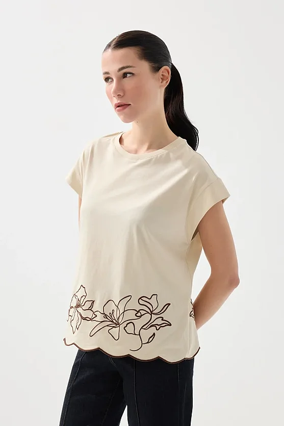 Nakışlı Düşük Kollu Pamuk Tshirt - Taş - 4