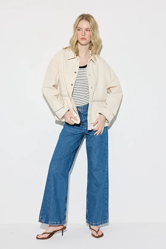 Nakışlı Kanvas Denim Ceket - Ekru - 3