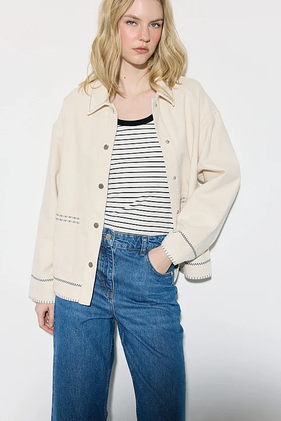 Nakışlı Kanvas Denim Ceket - Ekru - 5