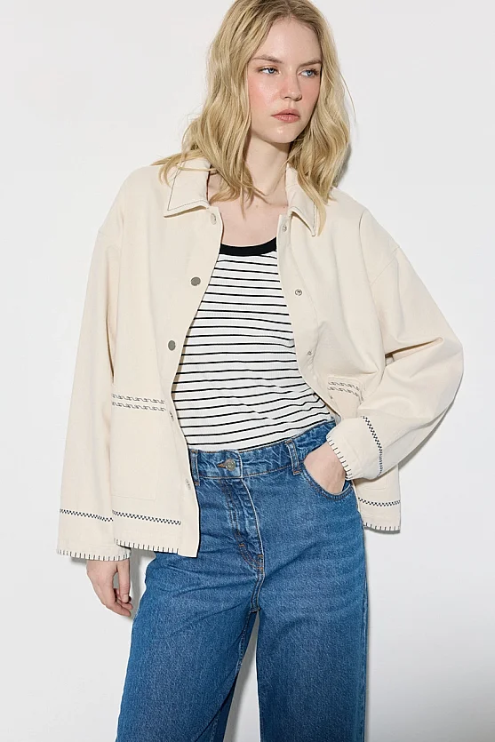 Nakışlı Kanvas Denim Ceket - Ekru - 6